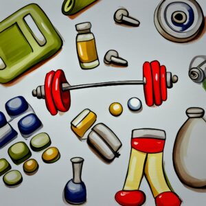 A collage of weights and medications in cartoon form.
