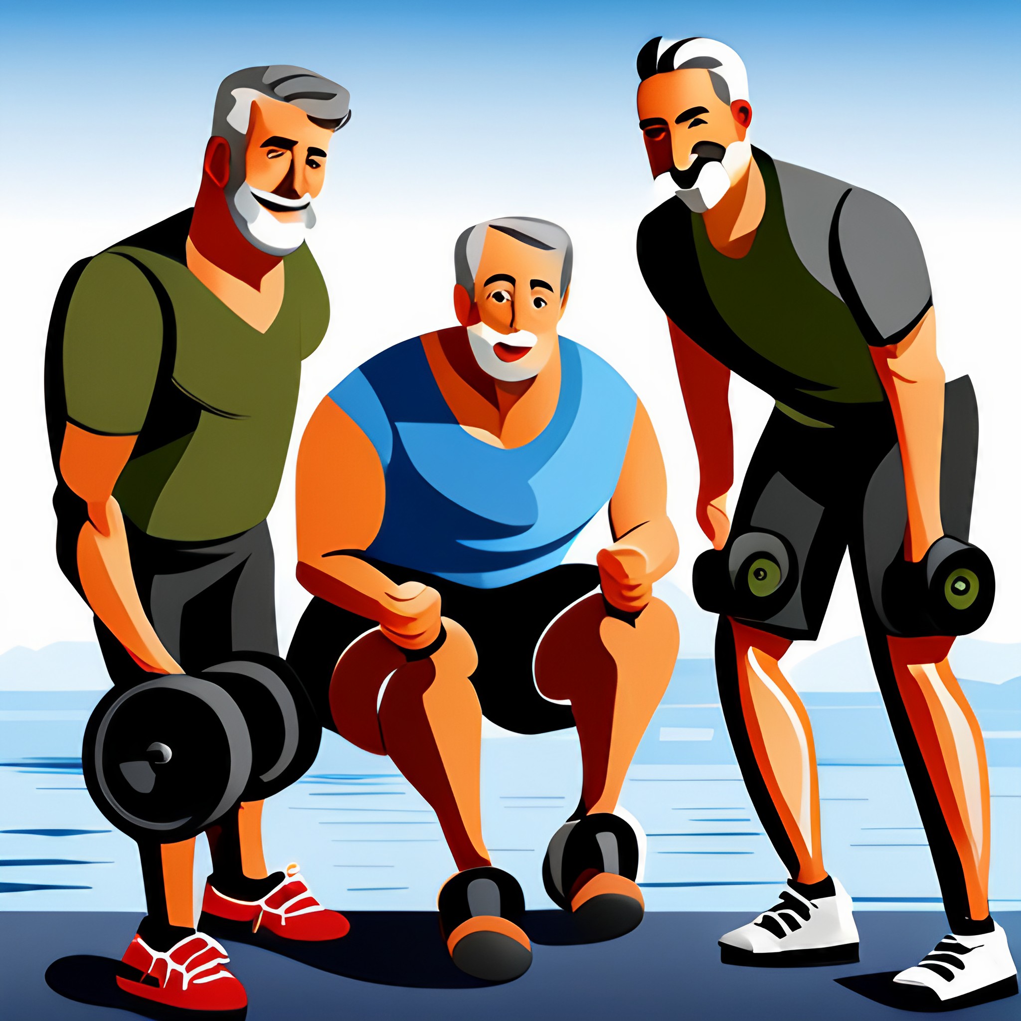 A cartoon of three middle aged men lifting weights.