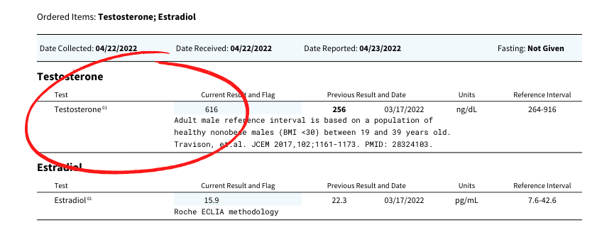 Blood panel results showing testosterone levels circled in red.