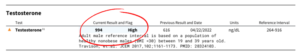 Blood panel results showing testosterone levels circled in red.