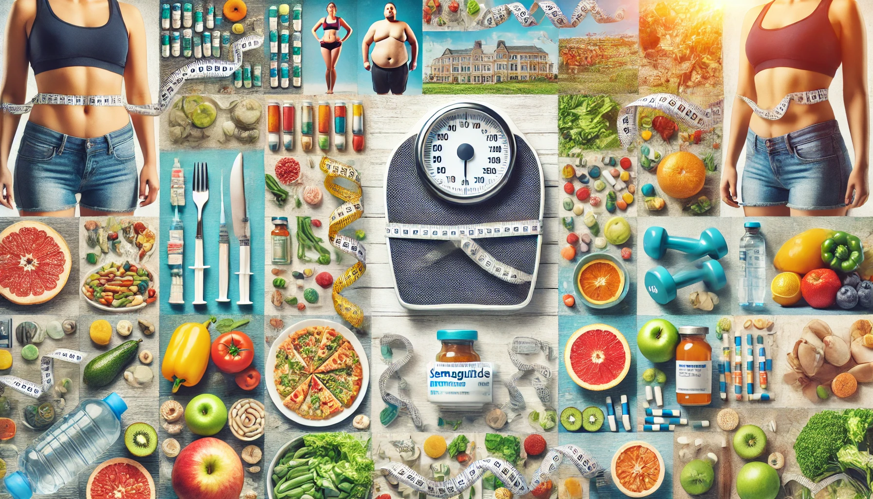 collage of weight loss images like a scale, weights, and exercise