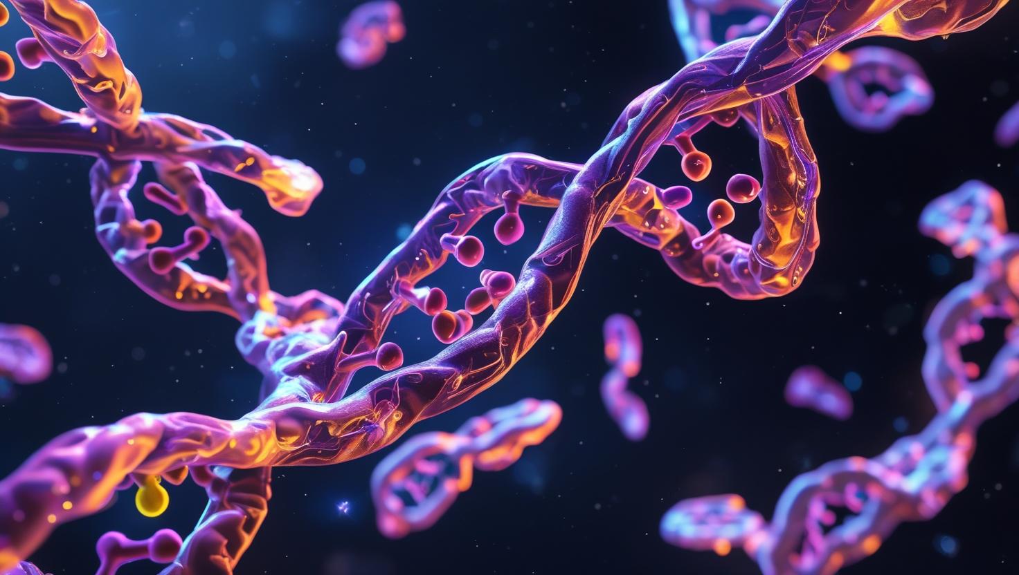 Macro close-up of vibrant, glowing peptide chains forming complex amino acid structures, floating in a deep, dark space. The molecular structures exhibit high contrast, with sharp details and a clean, futuristic aesthetic reminiscent of cutting-edge biotechnology visualizations. The image should have a sleek, minimalist layout, emphasizing the intricate beauty of the molecular formations. Rendered in a digital style with high-resolution detail and a focus on scientific accuracy.