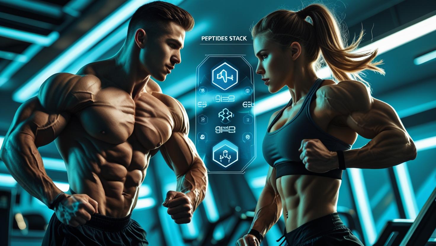A male and female athlete, both with visible muscle definition, mid-workout in a sleek, high-tech gym. Subtle, dynamic lighting highlights their physiques. A digital HUD overlay displays stylized icons representing a peptide stack. The overall tone is vibrant and energetic, with a focus on athleticism and fitness technology. The scene is framed in a dynamic composition, emphasizing movement and exertion. The color palette is rich and saturated, utilizing blues, greens, and oranges to convey energy and high-tech aesthetics.