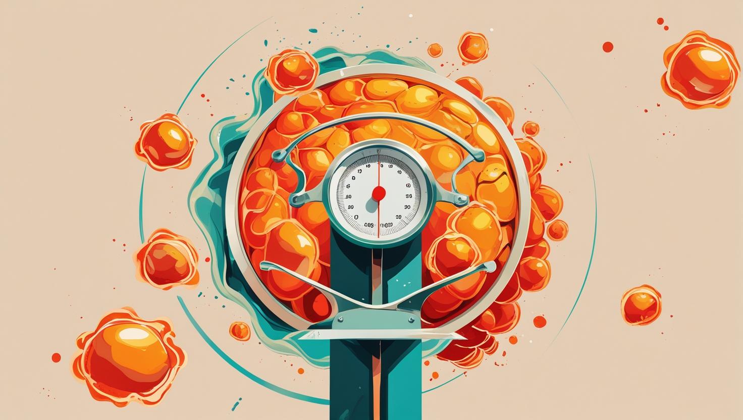 A minimalist digital painting of a medical scale, centrally positioned, surrounded by abstract representations of burning fat cells rendered in warm oranges and reds, contrasted with cool blues and greens depicting glowing energy waves symbolizing a healthy metabolism. The overall aesthetic is clean, modern, and vibrant, conveying fitness and vitality; the composition is balanced and utilizes a warm color palette with sharp lines and smooth gradients. The style is minimalist and abstract.