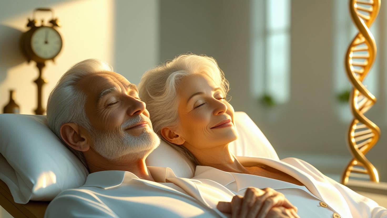 An elegant mature couple, a man and a woman with kind eyes and gentle smiles, relaxing in a pristine, minimalist wellness spa or clean laboratory setting. Ambient golden light bathes the scene, highlighting their calm expressions. A subtly placed antique clock and a DNA helix model are visible in the soft-focus background, suggesting rejuvenation, scientific advancement, and the grace of aging. The overall mood is serene and peaceful, with a focus on the couple's tranquil composure.