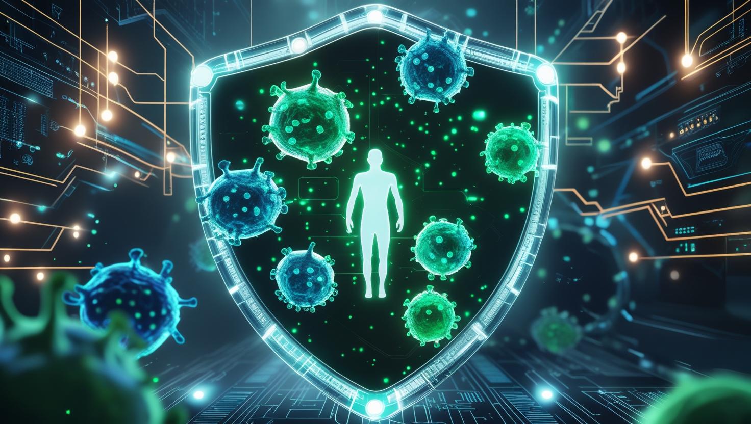 Abstract representation of immune cells, glowing with vibrant blue and green bioluminescence, enveloped by a protective digital shield resembling a stylized human silhouette. The scene is filled with soft, ethereal glows and subtle particle effects, set against a high-tech biomedical background featuring intricate circuitry and microscopic textures. The overall aesthetic is one of futuristic medical technology, emphasizing the protective and restorative functions of the immune system.