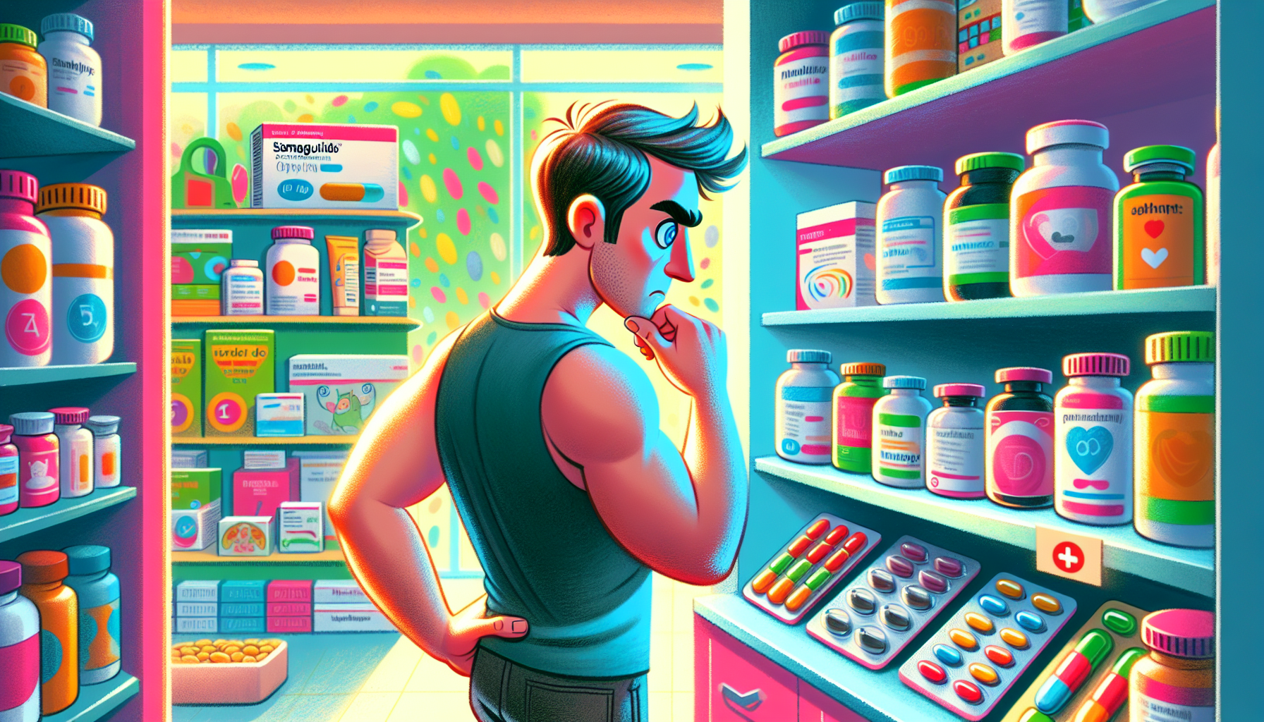 Cartoon drawing of a man choosing vitamins on shelves.