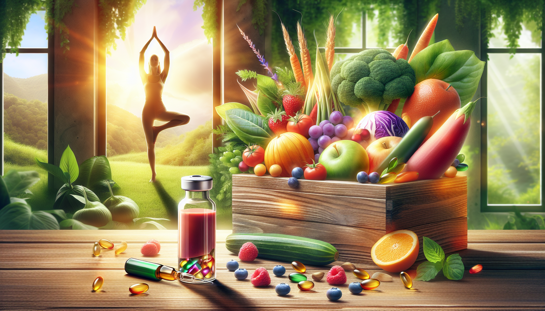 a collage of healthy foods and vegetables with a woman doing yoga in the distance