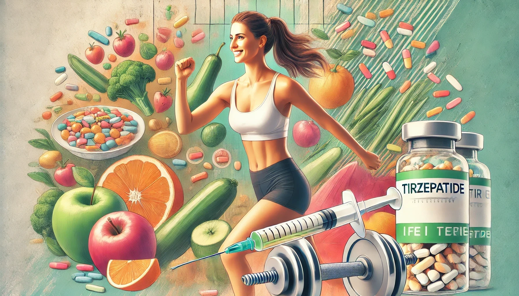 A fit woman exercising surrounded by a collage of healthy fruits and vegetables, vitamins, weights, and tirzepatide.