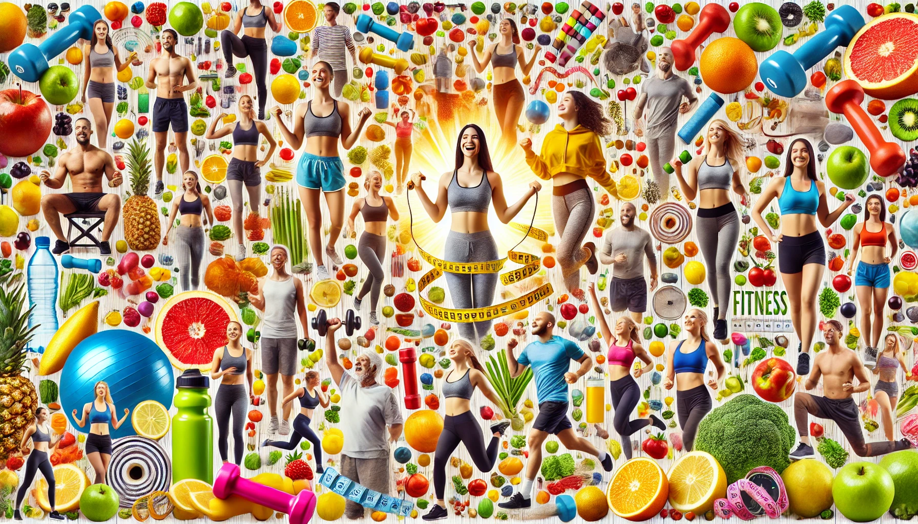 a collage of people celebrating their weight loss success and health-related images like fruits and vegetables and exercise equipment