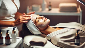 Side angle shot of a woman receiving a facial from an Aesthetician