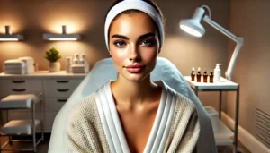 A woman sitting in an Aesthetician's treatment room immediately after a facial, showing off her clear and radiant skin.