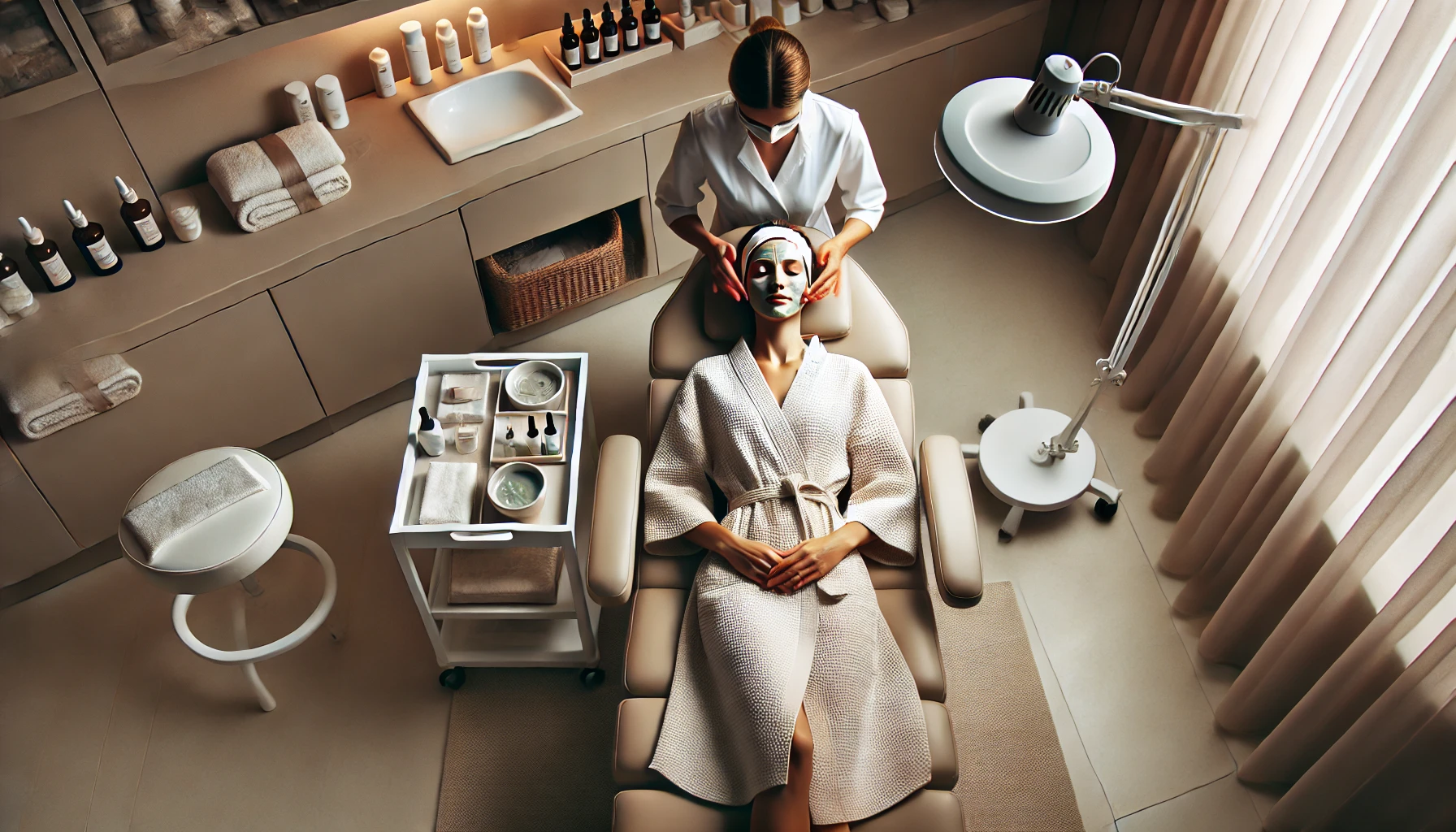 A woman in an Aesthetician's chair receiving a facial from an Aesthetician.