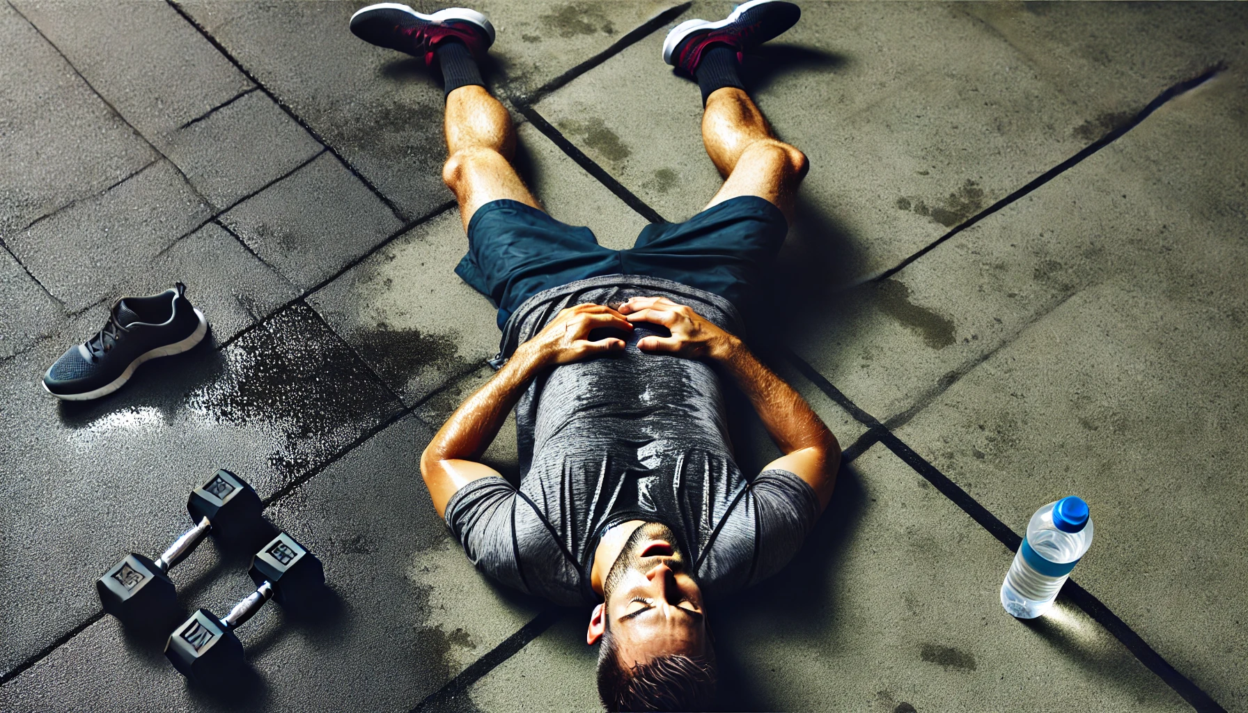 A man lying on the floor in a puddle of sweat surrounded by weights and a bottle of water, clearly after a strenuous workout.