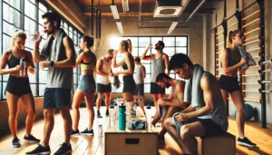 An exercise class taking a quick break between sets.