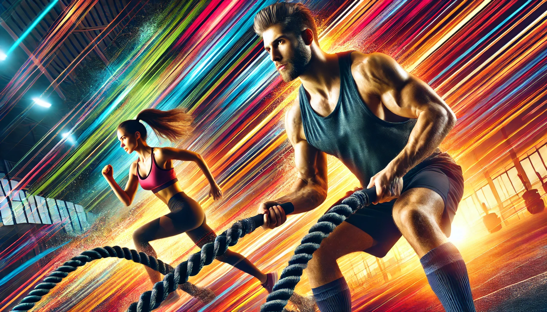 Two fit individuals benefiting from tirzepatide and/or TRT. The man on the right is exercising with battle ropes, the woman on the left is running.