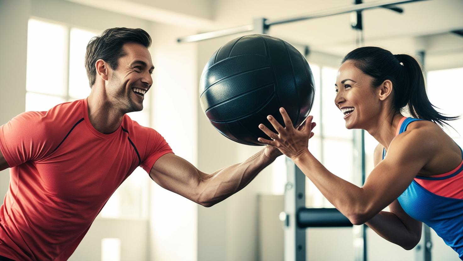 A man and woman playing catch with a medicine ball as they happily get in shape together at the gym.