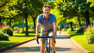 A man riding his bike through the park.