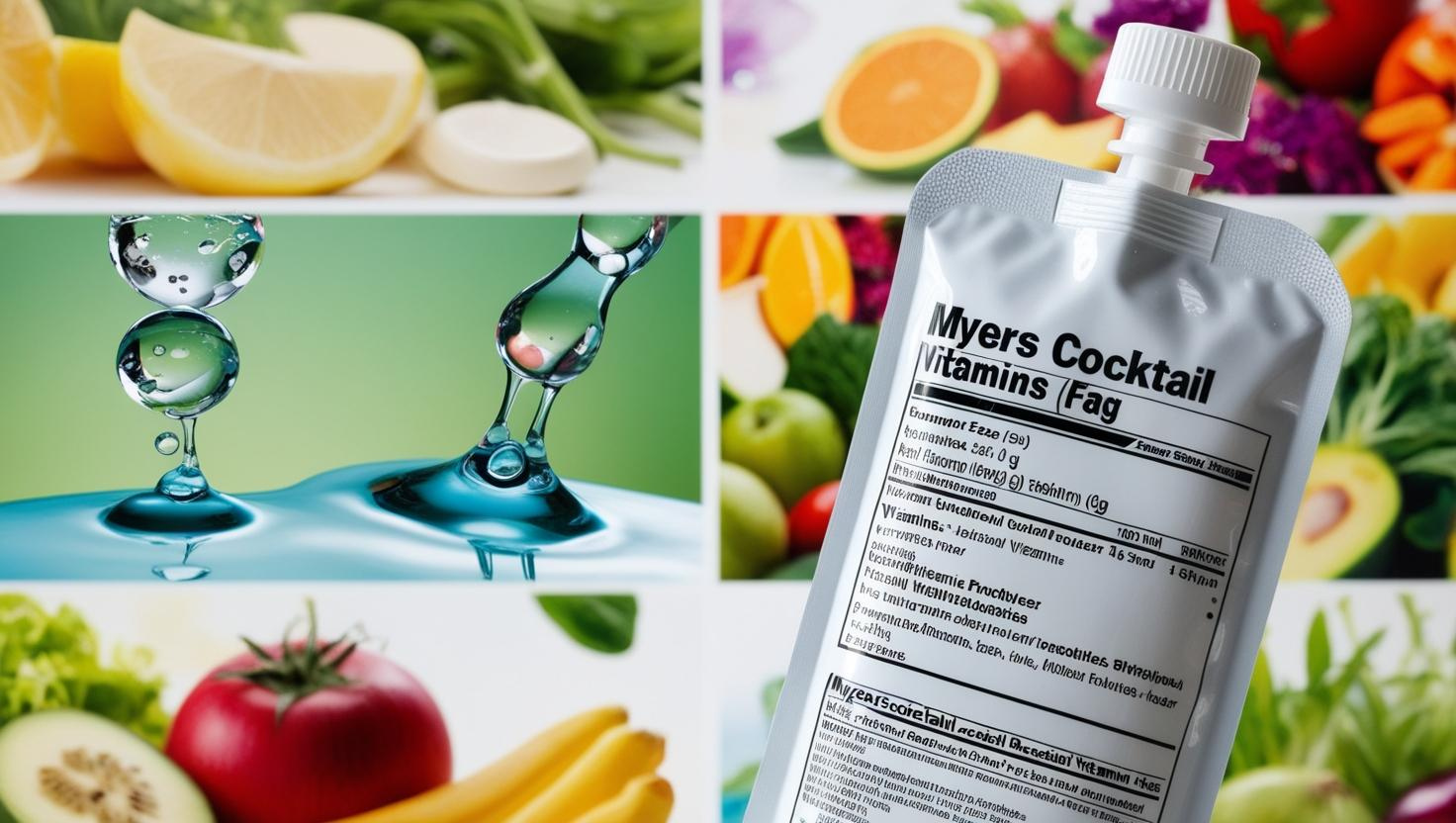 A Myers Cocktail IV bag in front of a collage of related images like vitamins and hydration.