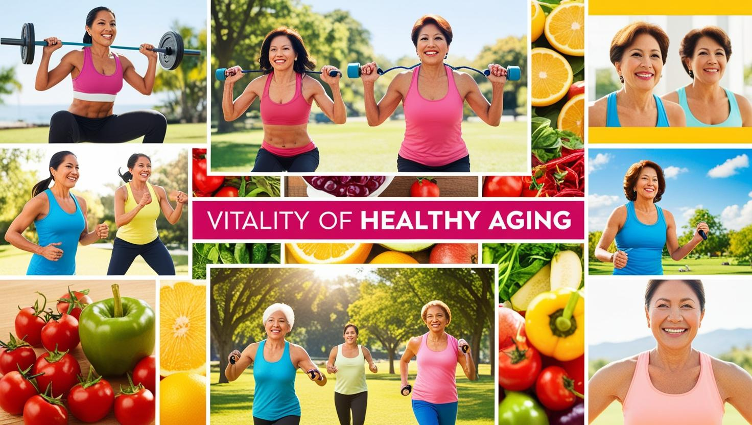 A collage of images related to anti-aging, good health, and wellness, like people exercising and women out enjoying a park.