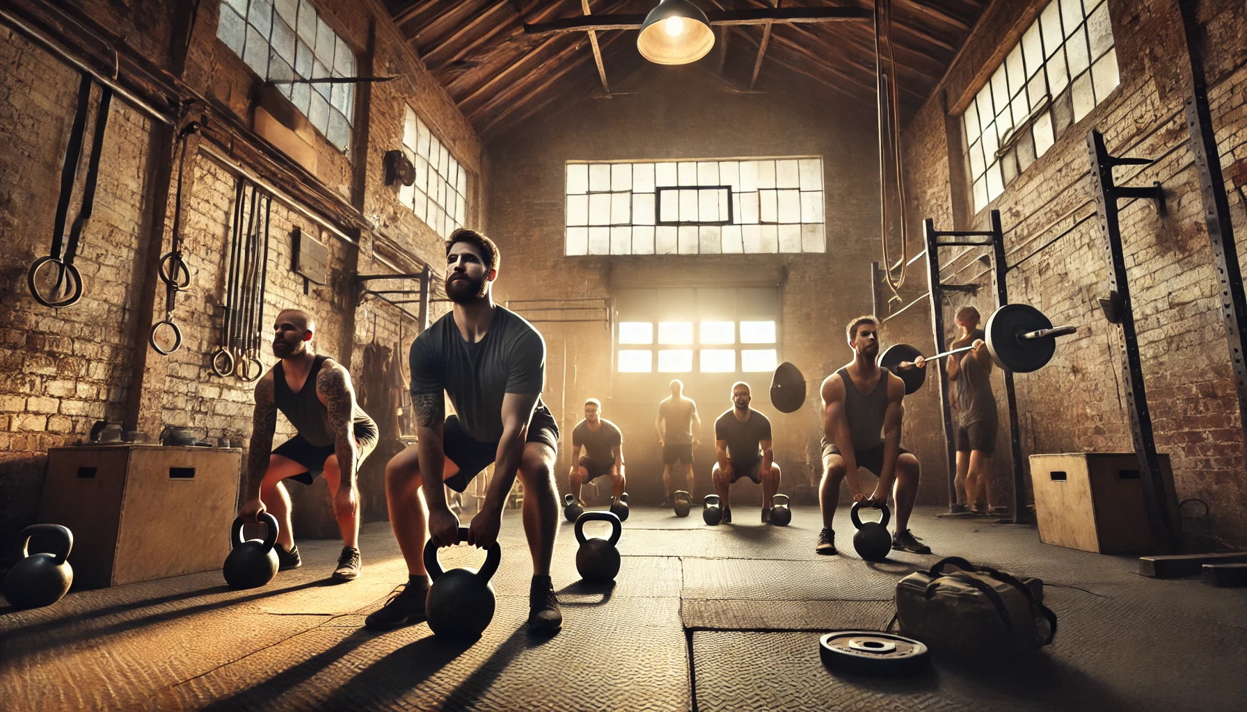 A small group of men doing a kettlebell workout in a garage gym.