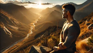 A man admiring the views of nature from the top of a hiking trail.