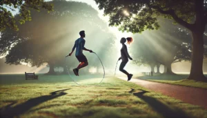 Anti-aging patients jump roping in the park in the morning.