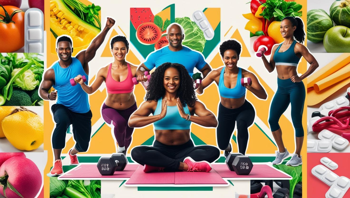 People working out along with stylized collage-style images relating to medical weight loss such as healthy food, exercise equipment, medications, etc