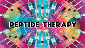 The words "Peptide Therapy" on a dynamic background with a myriad of colors and syringes and vials of peptides