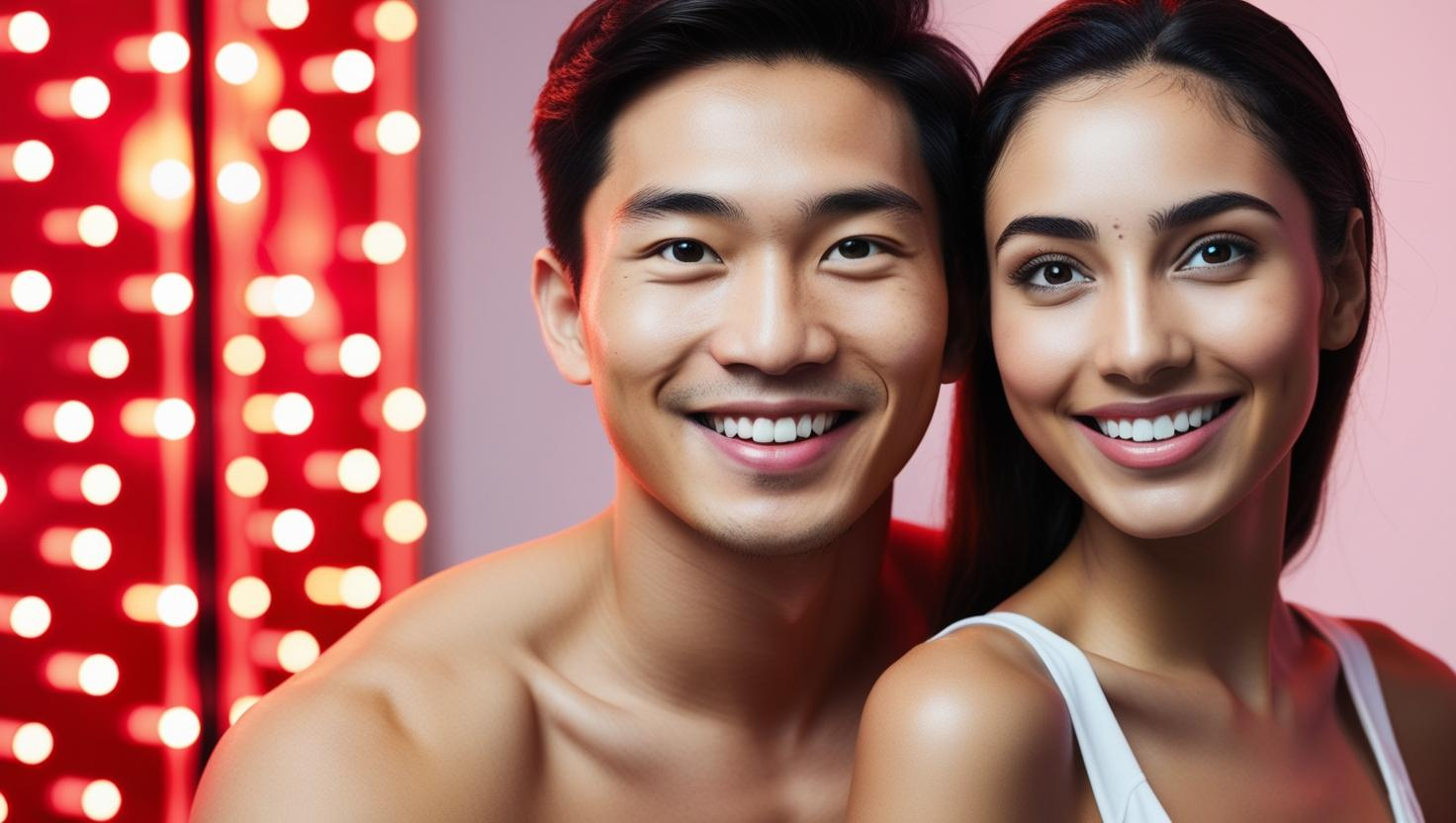 A man and woman, each with bright, radiant, healthy skin smiling into the camera, with a background made of red lights.