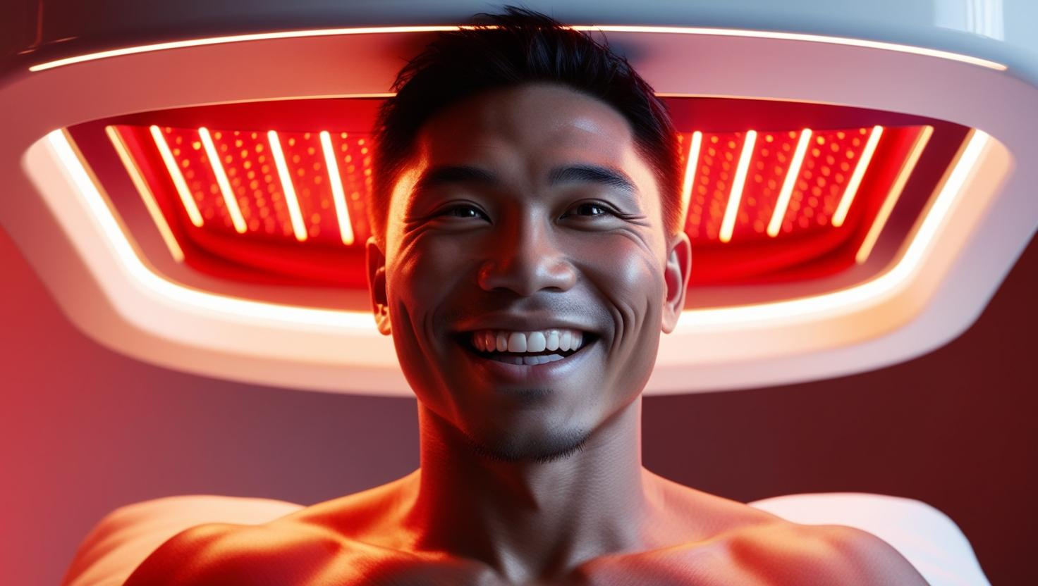 A patient getting relief from SAD by using a red light therapy bed.