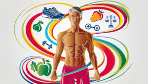 An illustration of a human body with images around the person showing the benefits of exercise, diet, TRT and medical weight loss benefits