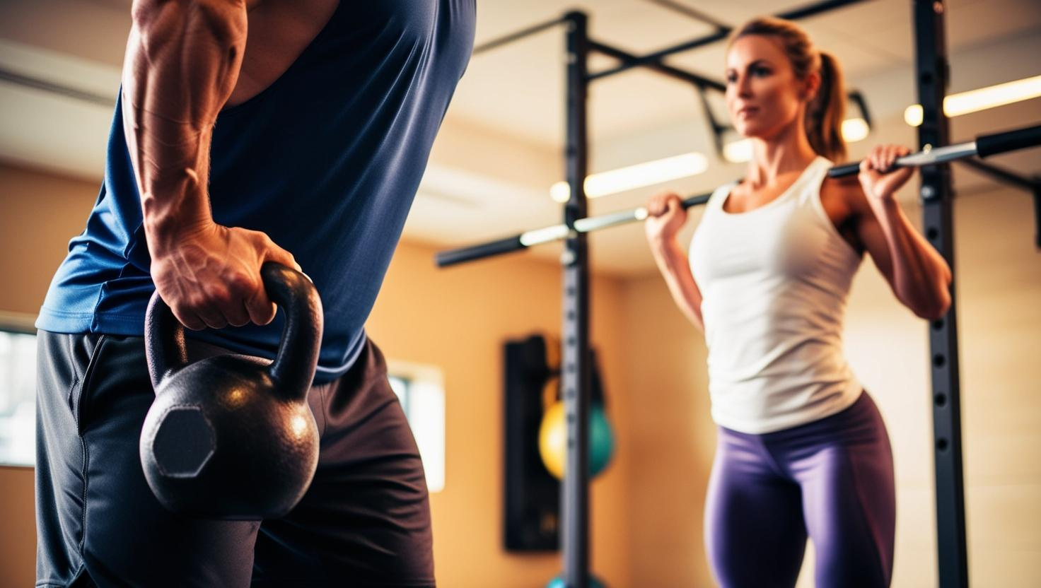 A man holding a kettlebell as a woman warms up on the squat rack in the background.