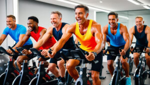 A group of men between the ages of 30 and 60 taking a group spin class.