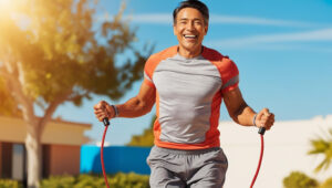 A man in his 40s looking happy and healthy jumping rope.