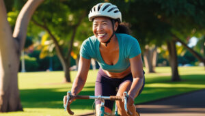 A woman riding her bike for exercise.