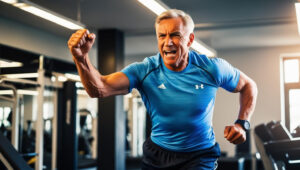 A 65 year old man doing calisthenics in the gym.