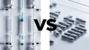 A split screen image with "VS" in the middle. On the left side, pictures of testosterone vials and syringes. On the right side, TRT pellets