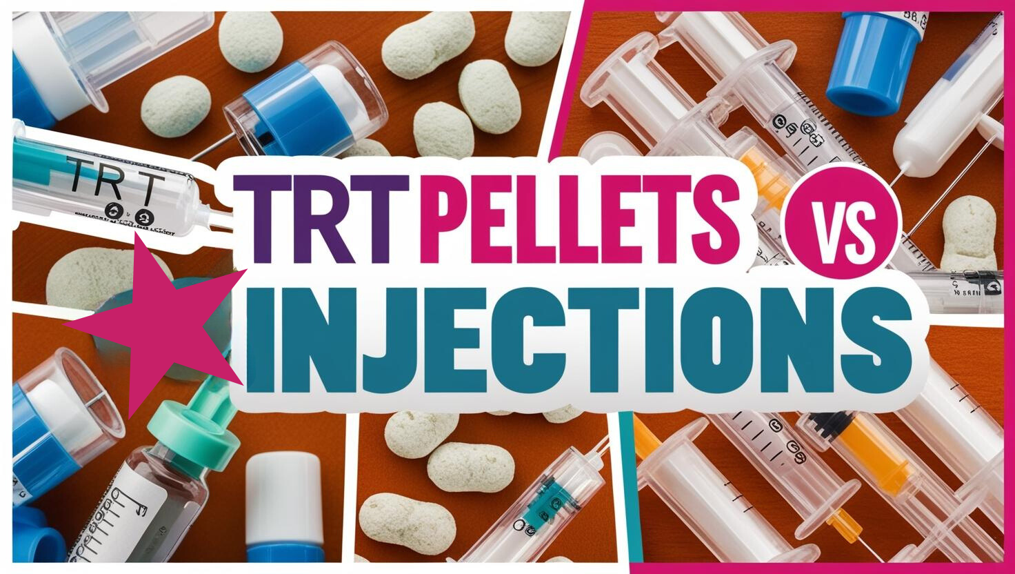 The text "TRT Pellets vs Injections" on a dynamic background with collage style images of syringes, TRT vials, and pellets