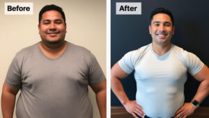 A before and after picture of a man who's lost over 50 pounds on tirzepatide.