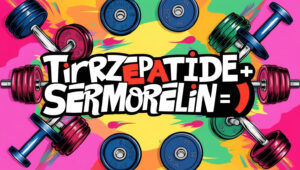 The words "Tirzepatide + Sermorelin = :)" on a dynamic background with a myriad of colors and weights and barbells 