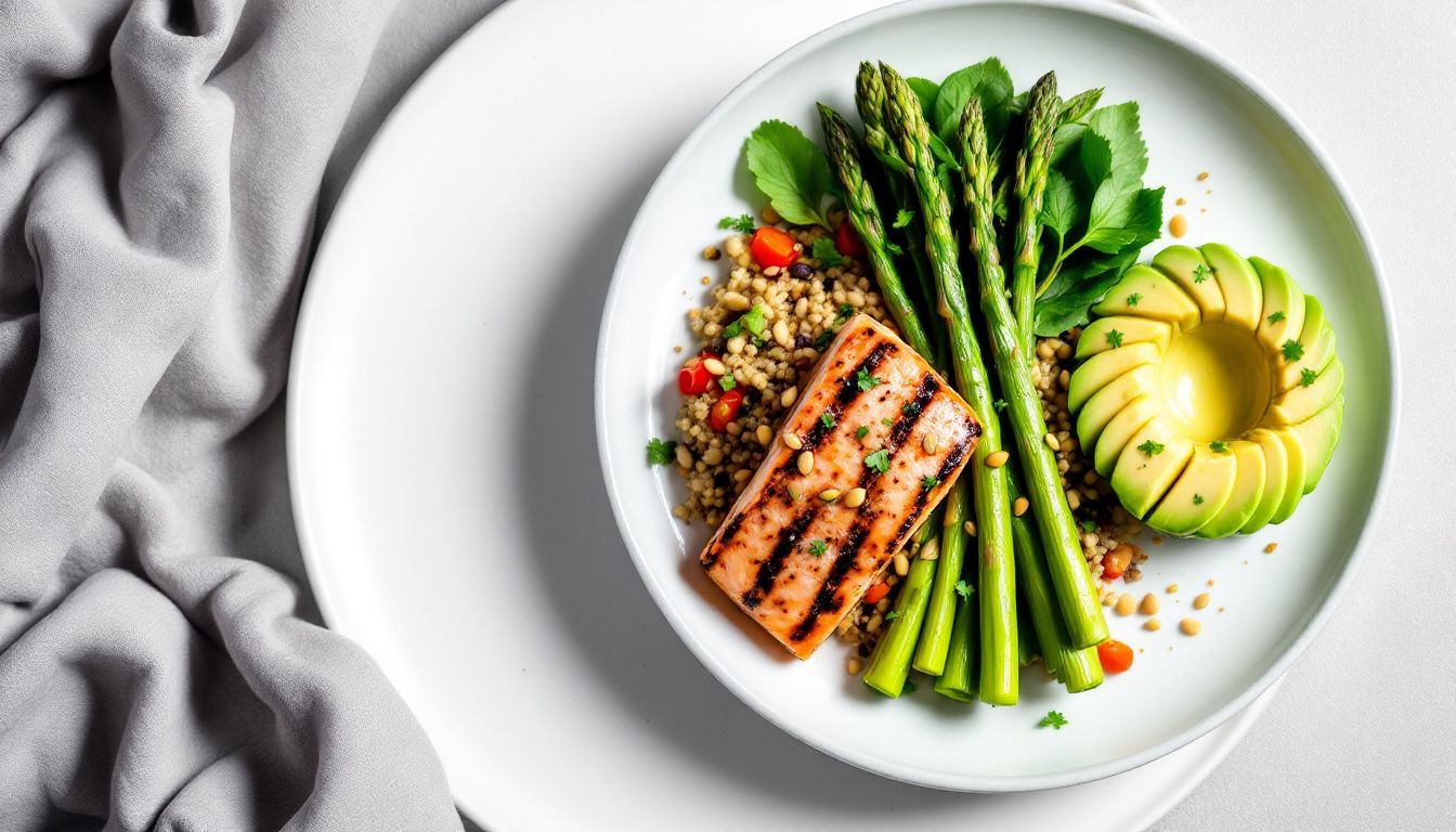 A plate of healthy foods including salmon and asparagus -- foods you can use to weight loss along with tirzepatide.