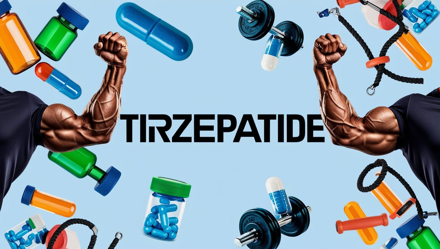 The word "Tirzepatide" with two arms flexing their biceps on either side of the word. The background is a collage of images like pill capsules, beakers, vials of peptides, exercise weights, jump ropes, and things associated with working out.