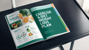 A comprehensive exercise and diet weight loss plan packet laying on a desk.