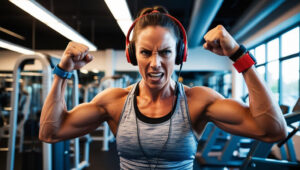 A woman getting herself motivated to workout by listening to music.