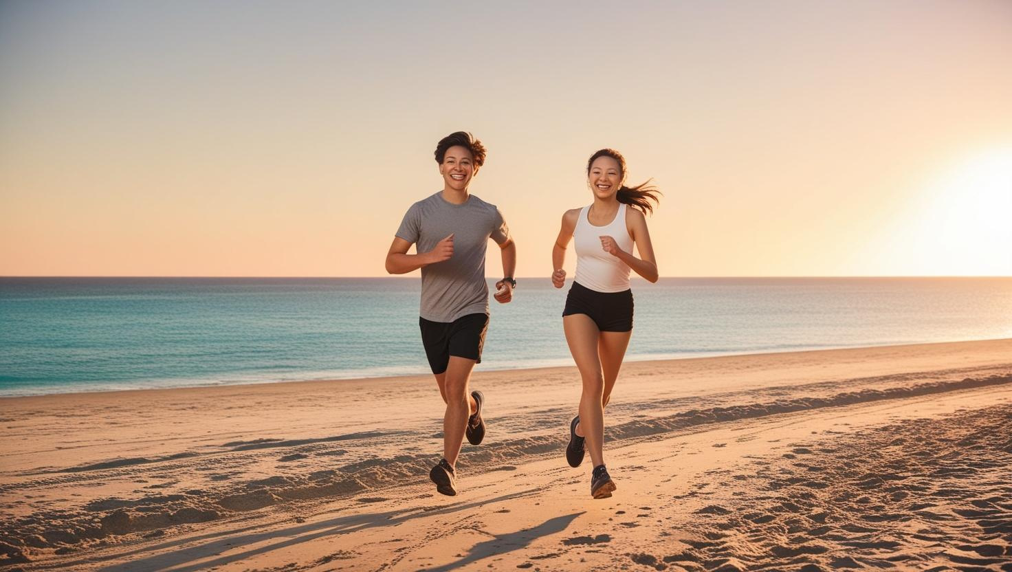 A couple jogging on the beach at sunrise