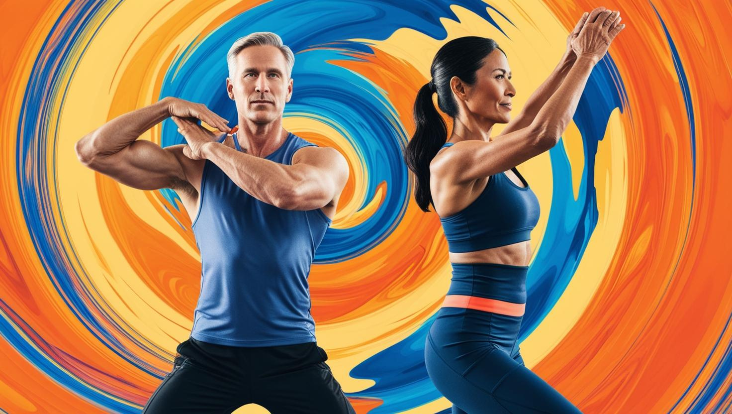 A man and a woman stretching and exercising in front of a bright and colorful dynamic background meant to symbolize the energy and vitality achieved through hormone replacement therapy.