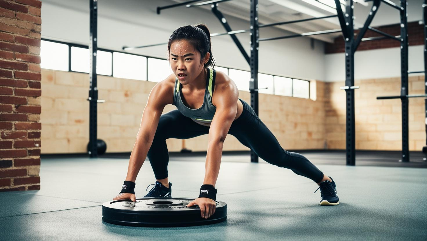 A lady doing power cleans in a Crossfit gym