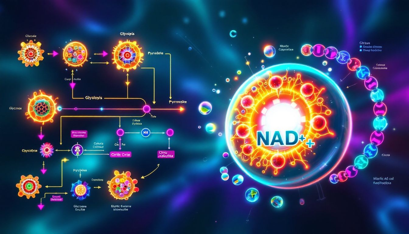 An infographic depicting metabolic processes supported by NAD+.