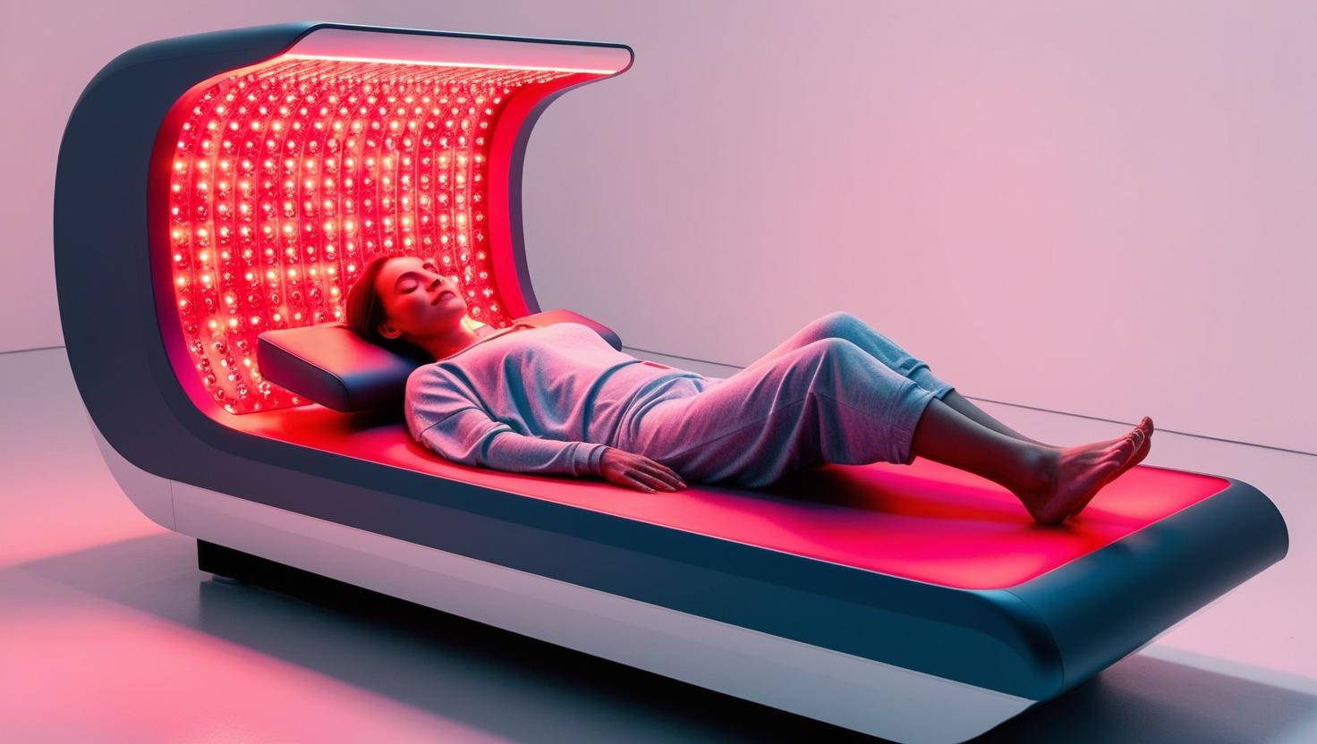 A woman using a full-body red light therapy bed.